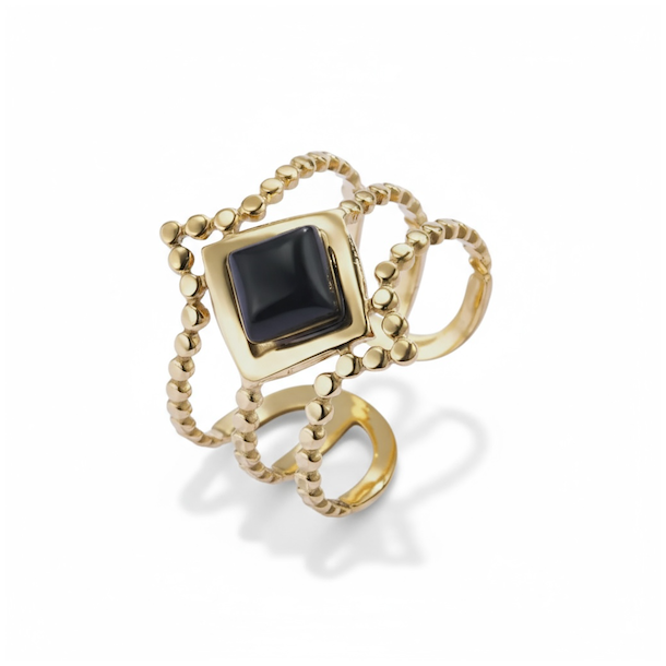 Eksklusiv spirituel forgyldt st�lring med sort agat � justerbar og elegant