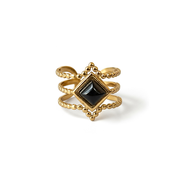 Eksklusiv spirituel forgyldt st�lring med sort agat � justerbar og elegant