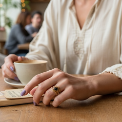 Eksklusiv spirituel forgyldt st�lring med sort agat � justerbar og elegant