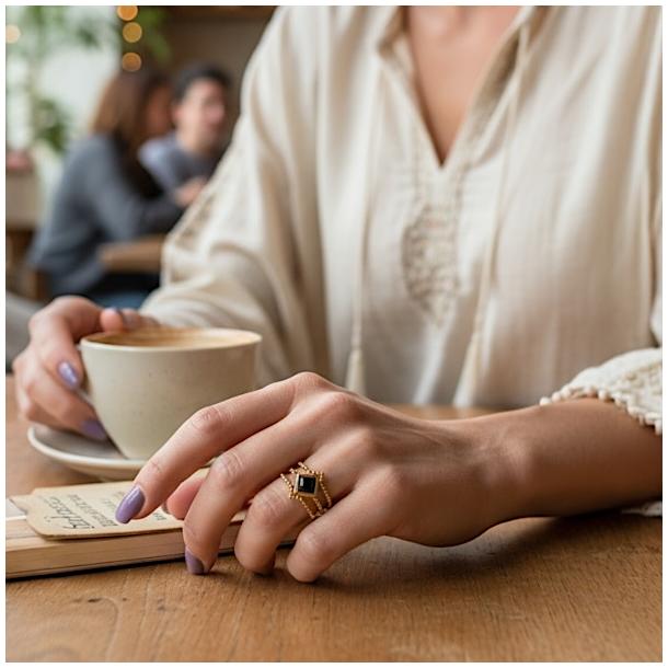 Eksklusiv spirituel forgyldt stlring med sort agat  justerbar og elegant