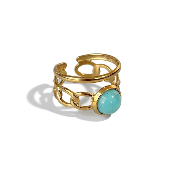 Spirituel justerbar forgyldt st�lring med turkis kvarts � elegant og energifyldt