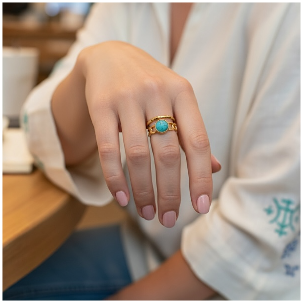 Spirituel justerbar forgyldt stlring med turkis kvarts  elegant og energifyldt