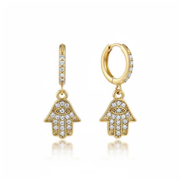 Forgyldte Creoler med Hamsahnd og Rhinsten  Beskyttelsens Energi