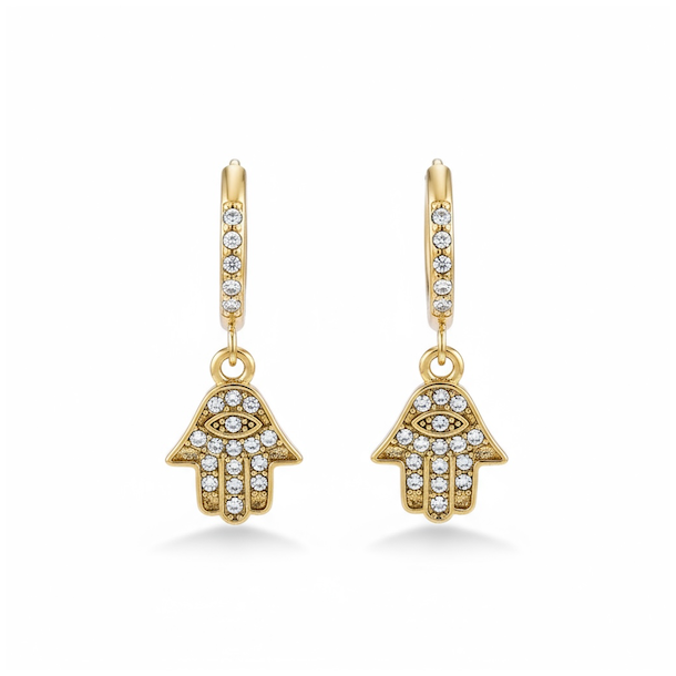 Forgyldte Creoler med Hamsahnd og Rhinsten  Beskyttelsens Energi