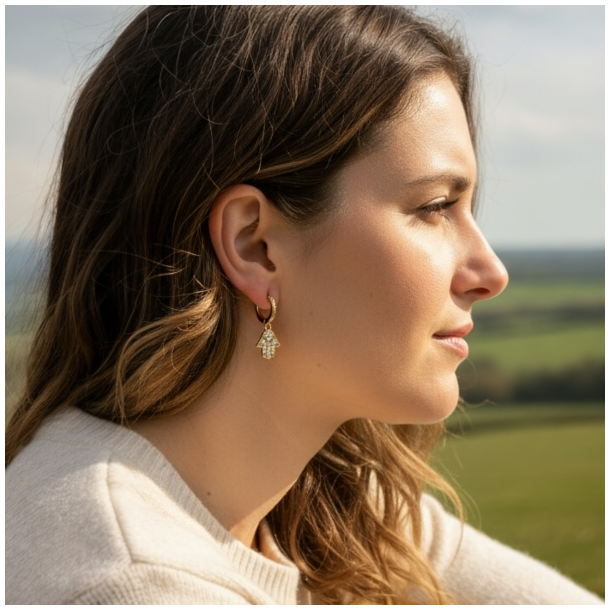 Forgyldte Creoler med Hamsahnd og Rhinsten  Beskyttelsens Energi