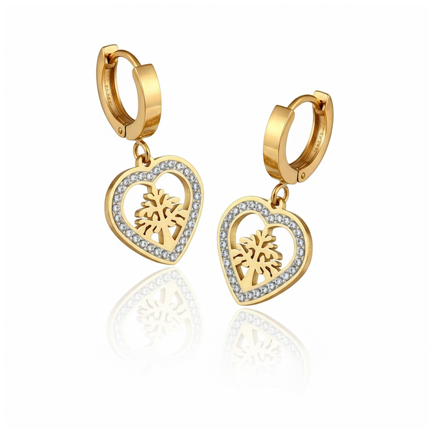 Forgyldte hjerte�reringe med Tree of Life og rhinsten � spirituelt og elegant design