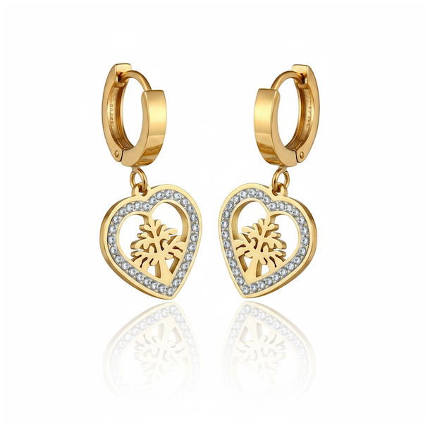 Forgyldte hjerte�reringe med Tree of Life og rhinsten � spirituelt og elegant design