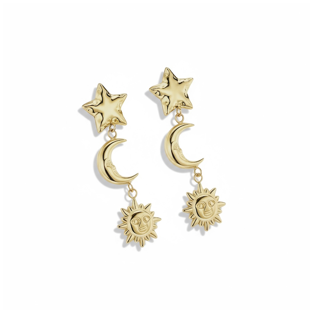 Smukke forgyldte �restikker med vedh�ng � sol, m�ne og stjerner i spirituelt design