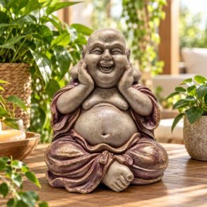 Forsiden af glad Buddha figur i polyresin, forfra med h�nderne mod kinderne og brun dragt med gyldne detaljer, 26 cm.