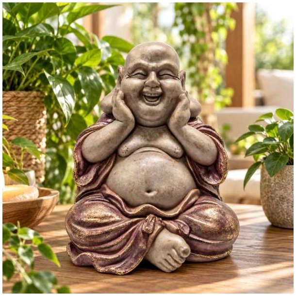 Forsiden af glad Buddha figur i polyresin, forfra med h�nderne mod kinderne og brun dragt med gyldne detaljer, 26 cm.