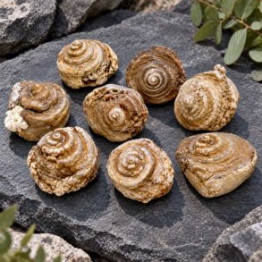 En gruppe af forstenede sneglehuse p� en stenbaggrund, der viser fossilerne i naturlige nuancer.