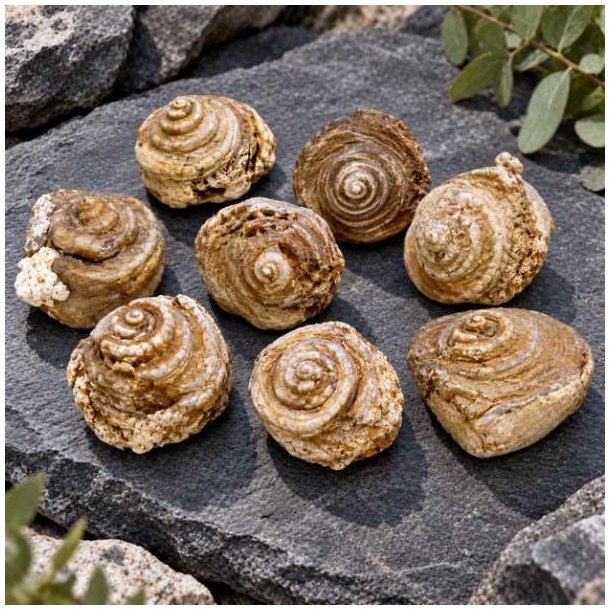 En gruppe af forstenede sneglehuse p� en stenbaggrund, der viser fossilerne i naturlige nuancer.