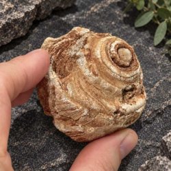 N�rbillede af et naturligt gastropodfossil, der holdes i en h�nd for at fremh�ve de unikke lag og strukturen i forsteningen.