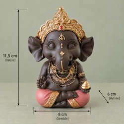 Detaljeret brun Ganesha figur p� 11,5 cm i h�jden, 8 cm i bredden og 6 cm i dybden siddende i meditationsstilling.