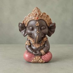 Frontbillede af m�rkebrun Ganesha elefantgud figur i siddende meditationsstilling med rosa kl�dedragt og detaljeret guldkrone.