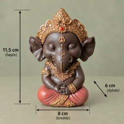 Produktbillede af m�rkebrun Ganesha elefantgud figur med grafik og m�lstreger, der viser figurens h�jde p� 11,5 cm.