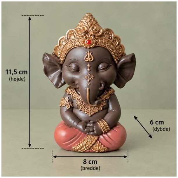 Produktbillede af m�rkebrun Ganesha elefantgud figur med grafik og m�lstreger, der viser figurens h�jde p� 11,5 cm.