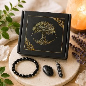 Elegant Tree of Life gave�ske med sort turmalin armb�nd, vedh�ng i orgonit-stil og grovpoleret sort turmalin.