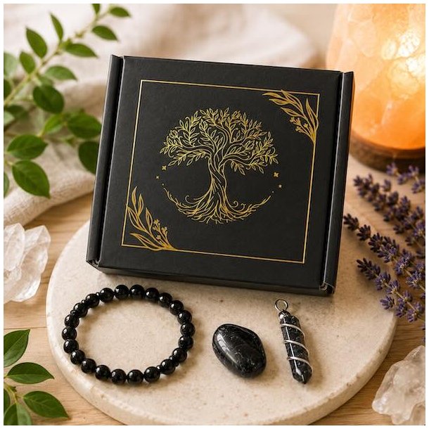 Elegant Tree of Life gave�ske med sort turmalin armb�nd, vedh�ng i orgonit-stil og grovpoleret sort turmalin.