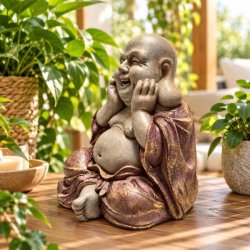 Glad Buddha figur set fra siden med smilende ansigt og brunr�d dragt med gyldne detaljer.