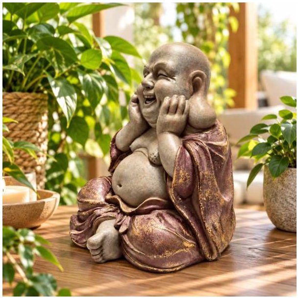 Glad Buddha figur set fra siden med smilende ansigt og brunr�d dragt med gyldne detaljer.