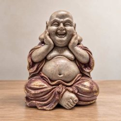 Glad Buddha figur i polyresin med rundt smilende ansigt og brun dragt med guldfarvede detaljer, placeret p� et tr�bord.
