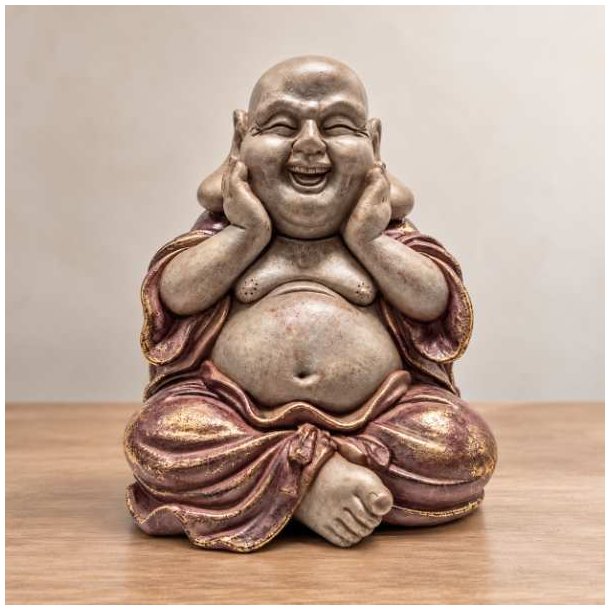 Glad Buddha figur i polyresin med rundt smilende ansigt og brun dragt med guldfarvede detaljer, placeret p� et tr�bord.