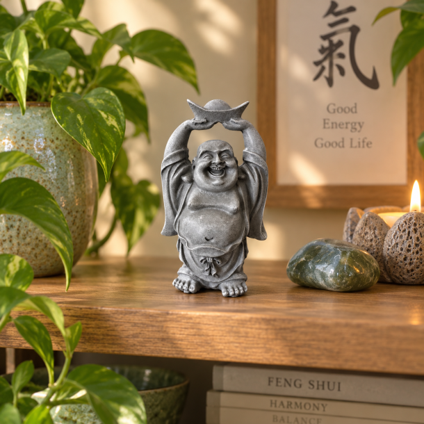 Grinende Buddha figur p� reol med gr�nne planter og feng shui-stemning