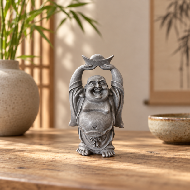 Grinende Buddha figur i gr� finish med feng shui-inspireret stemning