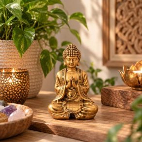 Guldfarvet Buddha figur p� 13 cm placeret som spirituel boligindretning p� et tr�bord omgivet af gr�nne planter og hyggelig belysning.
