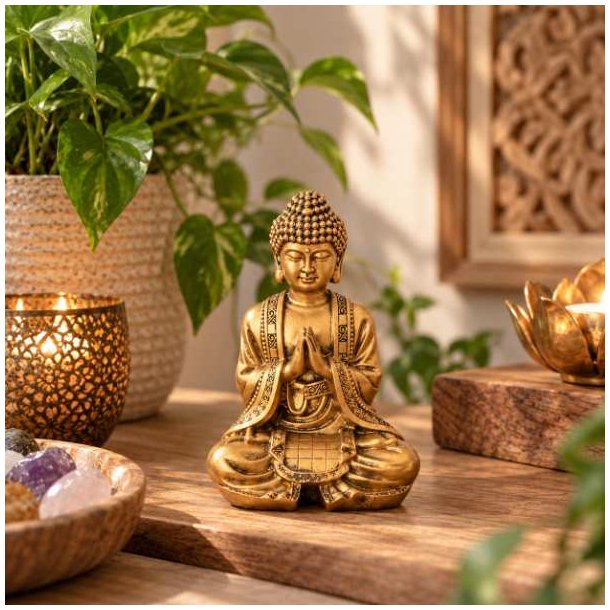 Guldfarvet Buddha figur p� 13 cm placeret som spirituel boligindretning p� et tr�bord omgivet af gr�nne planter og hyggelig belysning.