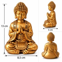 Produktbillede af lille guldfarvet Buddha figur set fra flere vinkler med m�lene 13 cm i h�jden, 8,5 cm i bredden og 5 cm i dybden.