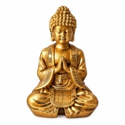 Detaljeret Buddha figur i polyresin med guld-finish og h�nderne samlet foran kroppen til meditation og personligt alter.