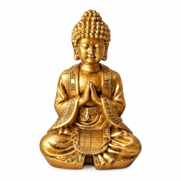 Detaljeret Buddha figur i polyresin med guld-finish og h�nderne samlet foran kroppen til meditation og personligt alter.