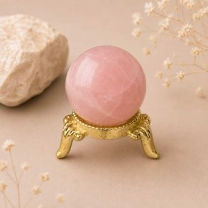 Guldfarvet kuglestander i metal med rosenkvarts krystalkugle til elegant udstilling.