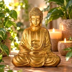 Guldfarvet siddende Buddha-figur i polyresin med meditative detaljer og gr�nne planter og levende lys i baggrunden.