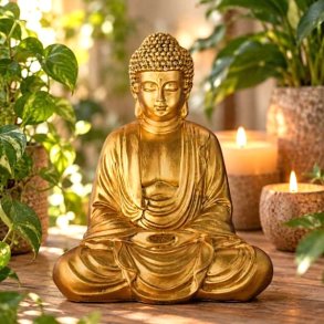Guldfarvet siddende Buddha-figur i polyresin med meditative detaljer og gr�nne planter og levende lys i baggrunden.