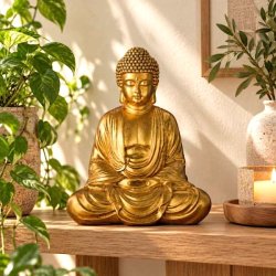 Guldfarvet Buddha-figur i polyresin placeret p� en tr�hylde med gr�nne planter i en rolig Feng Shui-indretning.