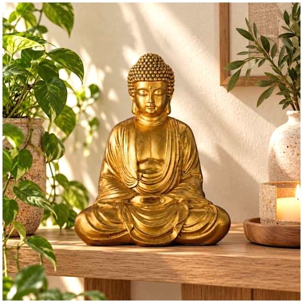 Guldfarvet Buddha-figur i polyresin placeret p� en tr�hylde med gr�nne planter i en rolig Feng Shui-indretning.