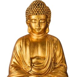 Closeup af guldfarvet Buddha-figur med detaljerede kr�ller, fredfyldt ansigt og dekorative folder i dragten.