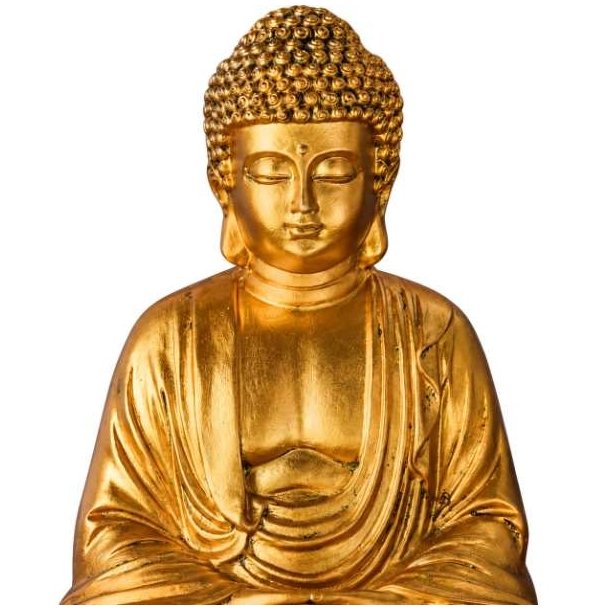 Closeup af guldfarvet Buddha-figur med detaljerede kr�ller, fredfyldt ansigt og dekorative folder i dragten.