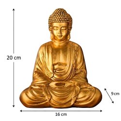 Guldfarvet siddende Buddha-figur i polyresin med m�lene 20 cm h�j, 16 cm bred og 9 cm dyb p� hvid baggrund.