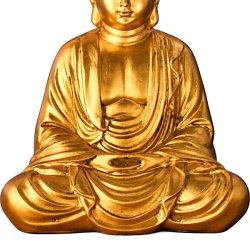 Detaljer af guldfarvet siddende Buddha-figur i polyresin med krydsede ben, h�nder i sk�det og fine folder i dragten.