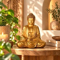 Guldfarvet Buddha-figur p� et tr�bord med gr�nne planter og varme naturfarver i en harmonisk, zen-inspireret indretning.