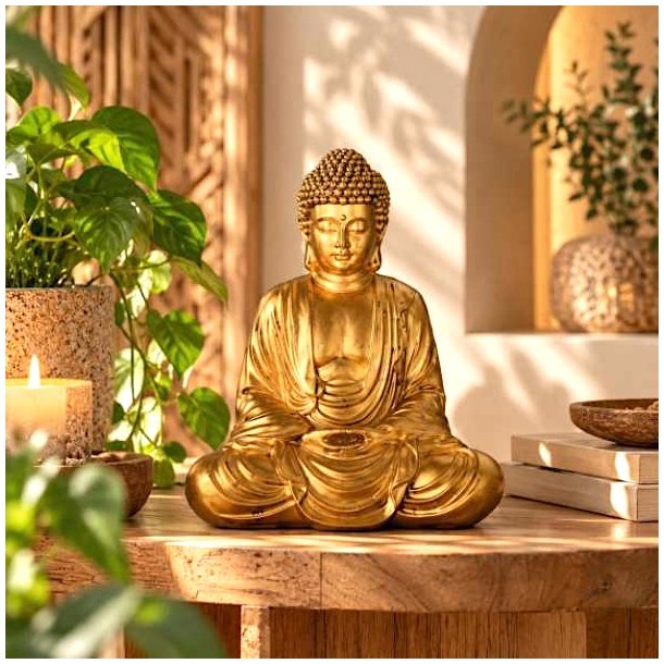 Guldfarvet Buddha-figur p� et tr�bord med gr�nne planter og varme naturfarver i en harmonisk, zen-inspireret indretning.