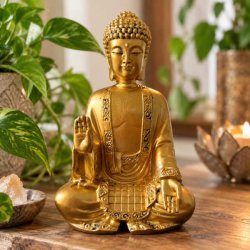 Gylden Buddha figur i roligt Feng Shui milj� med gr�nne planter