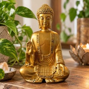 Gylden Buddha figur i roligt Feng Shui milj� med gr�nne planter