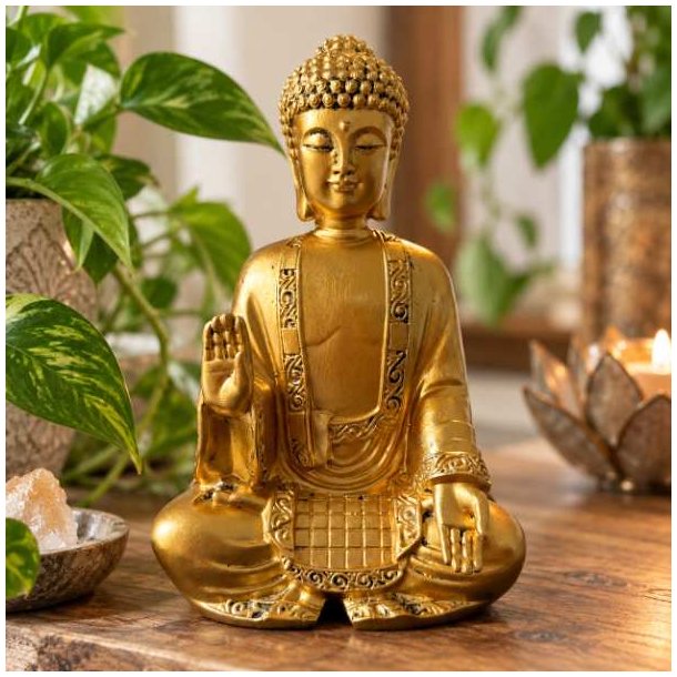 Gylden Buddha figur i roligt Feng Shui milj� med gr�nne planter