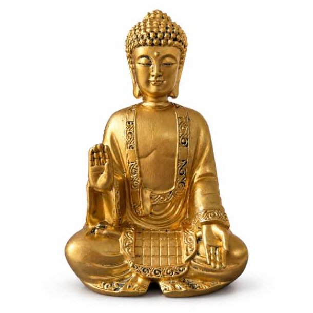 Gylden Buddha figur 20 cm med detaljerede m�nstre og roligt udtryk