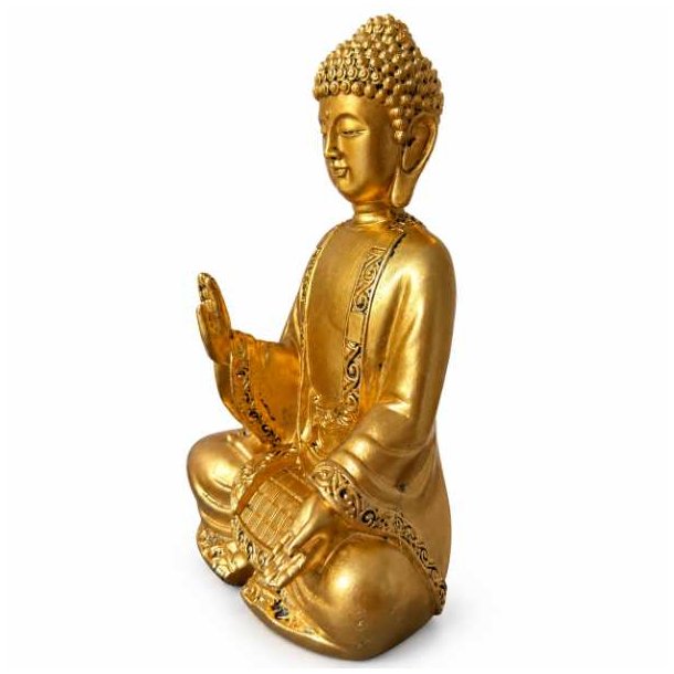 Gylden Buddha statue set fra siden med dekorative detaljer